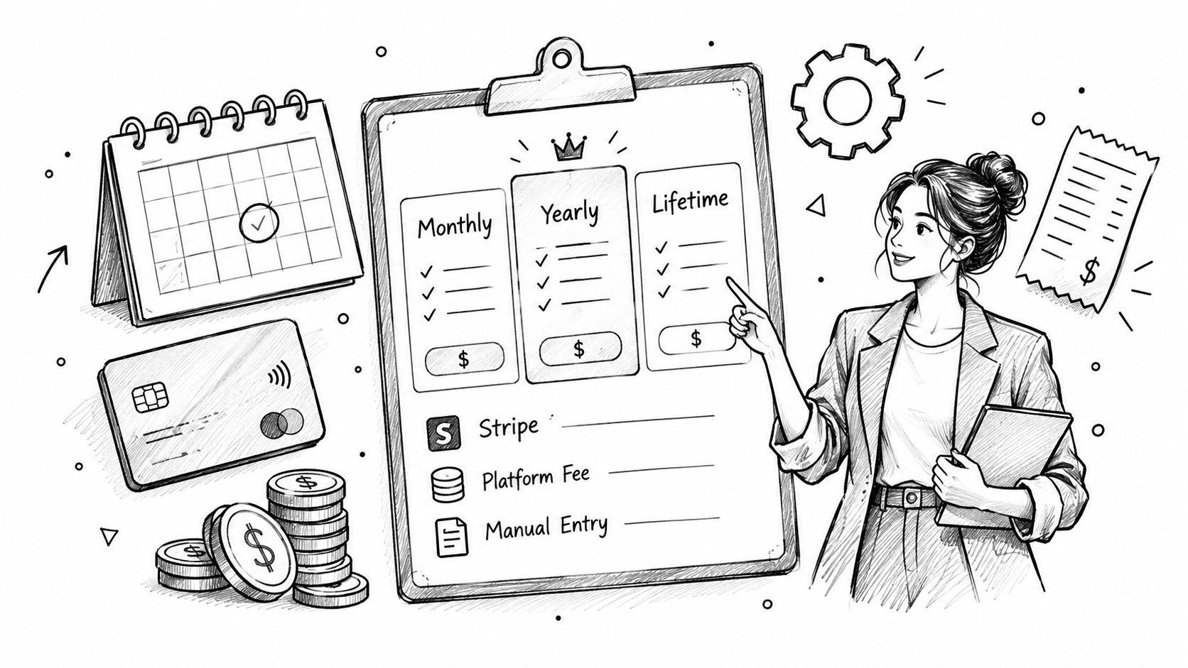 A professional woman gesturing towards a whiteboard outlining subscription plans and payment methods for business services.