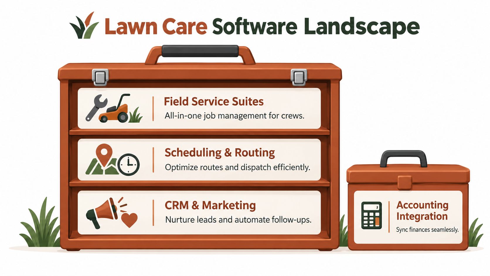 A graphic illustration of a tool chest labeled with software categories for managing lawn care businesses.